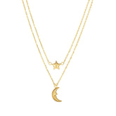 10K Yellow Gold Moon And Star Layered Pendant Necklace, 17" fine designer jewelry for men and women